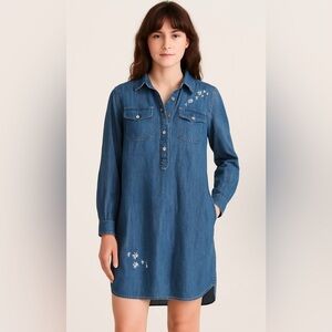 Lucky Brand Denim Embroidered Boho Shirt Dress Size S